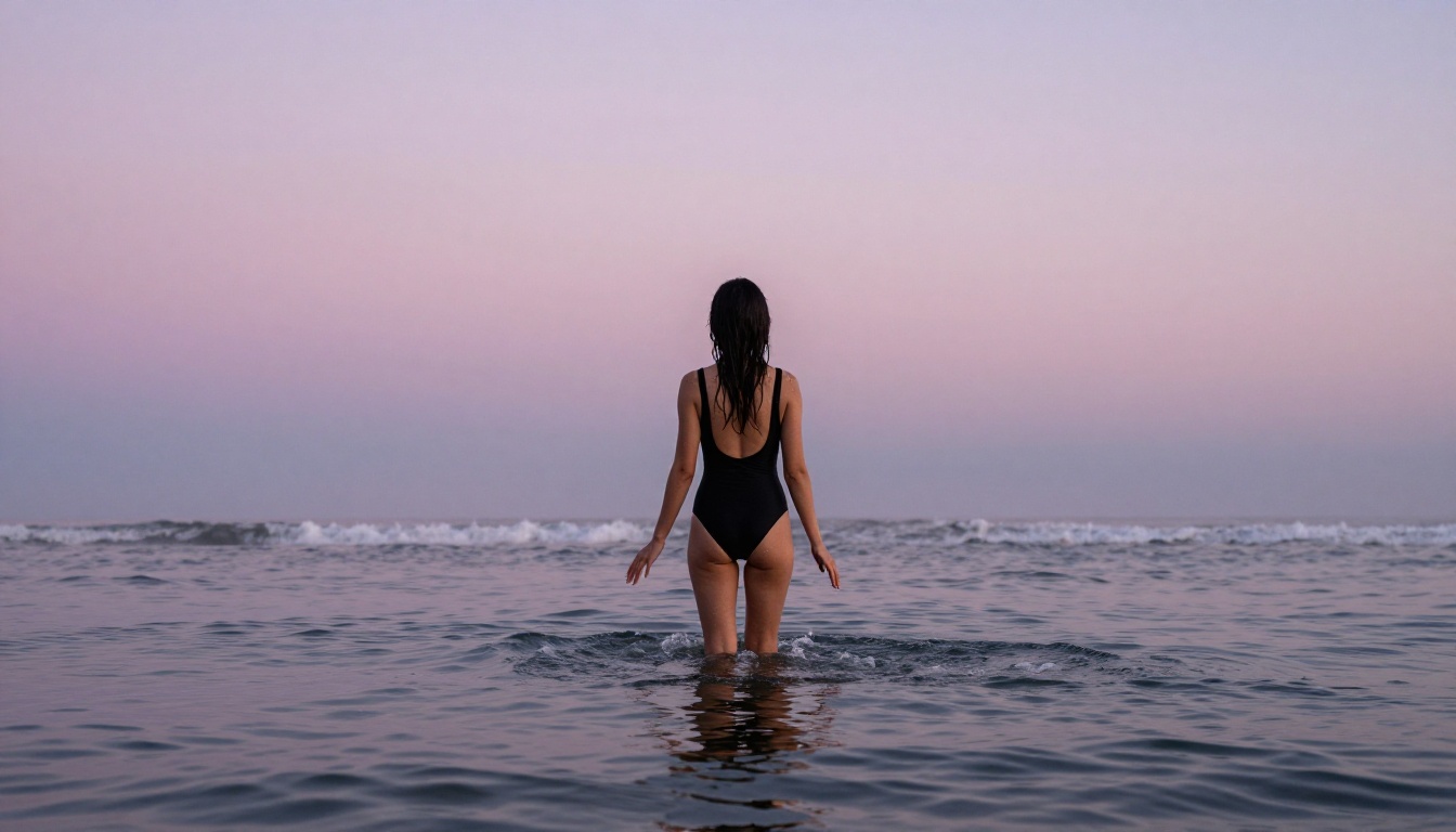 Woman in a swimsuit standing in the ocean at dawn, silhouette against a pastel sky Woman in a swimsuit standing in the ocean at dawn, silhouette against a pastel sky