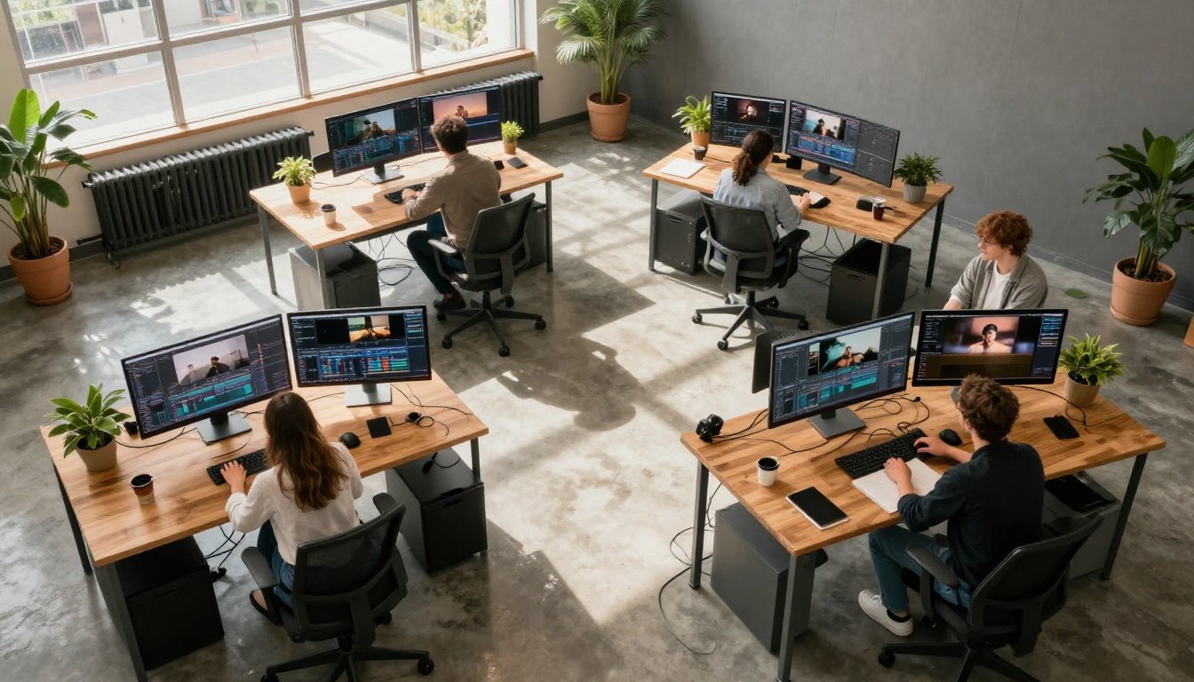 Creative professionals at work aerial view Creative professionals at work aerial view