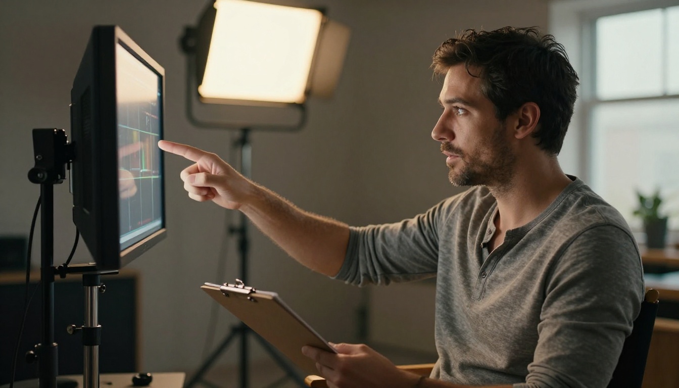 Filmmaker reviewing footage in professional studio Filmmaker reviewing footage in professional studio