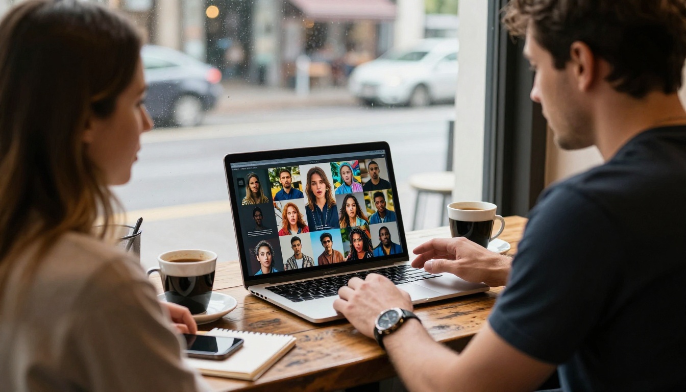 Two people reviewing AI-generated images on a laptop at a café Two people reviewing AI-generated images on a laptop at a café