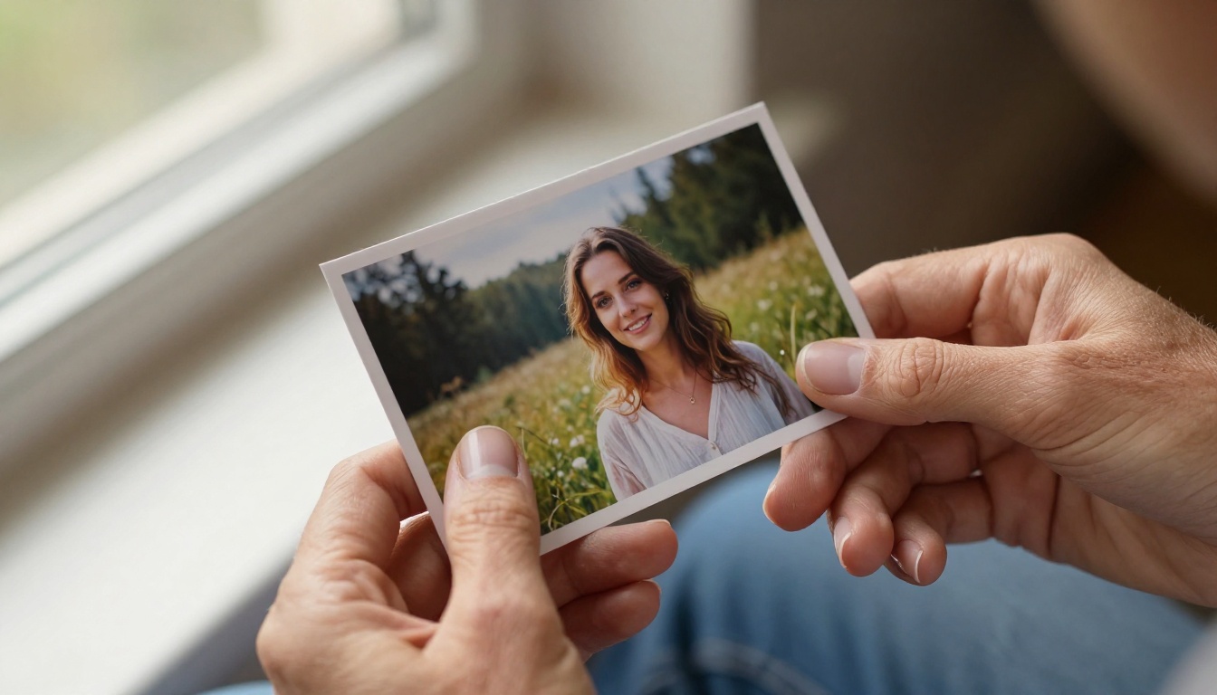 Woman's hands holding a printed portrait photograph in warm sunlight Woman's hands holding a printed portrait photograph in warm sunlight
