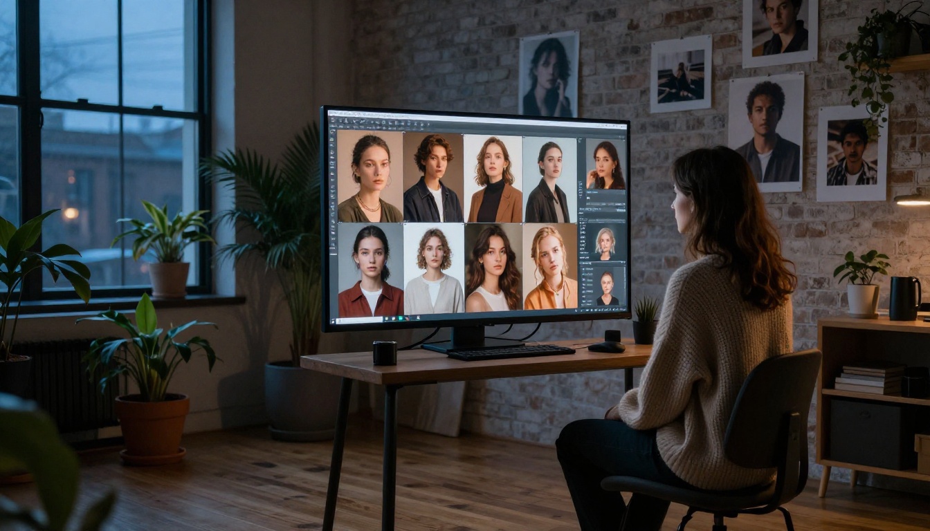 Creative studio at blue hour with a grid of AI portraits visible on a large monitor Creative studio at blue hour with a grid of AI portraits visible on a large monitor