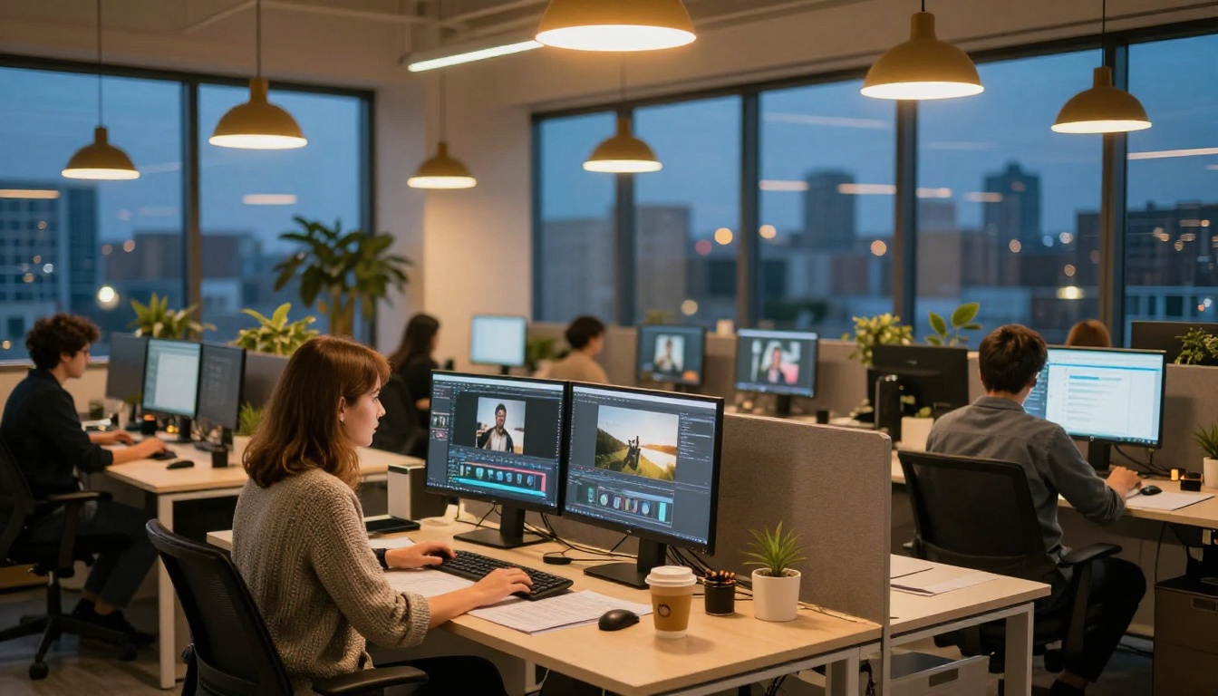 Creative agency professionals at video generation workstations at dusk Creative agency professionals at video generation workstations at dusk