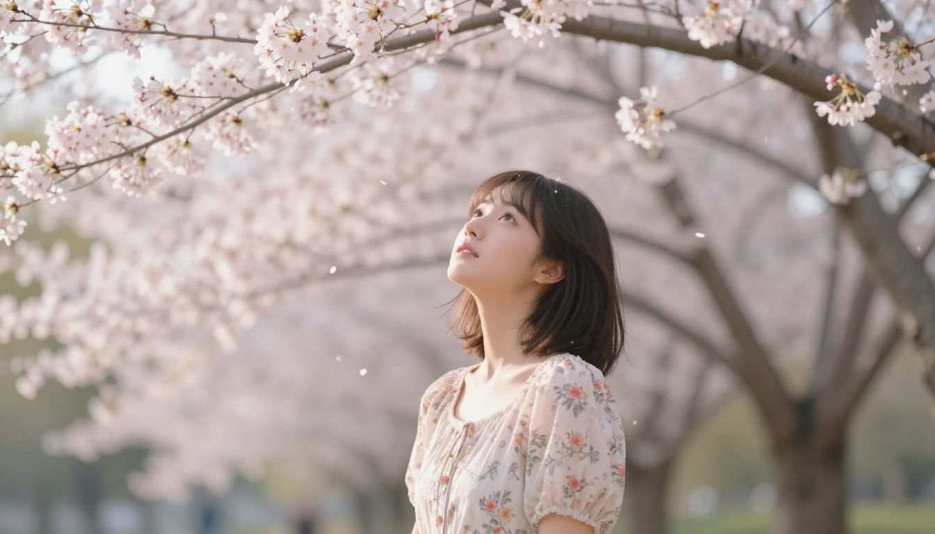 Woman in cherry blossom setting representing creative freedom in AI art