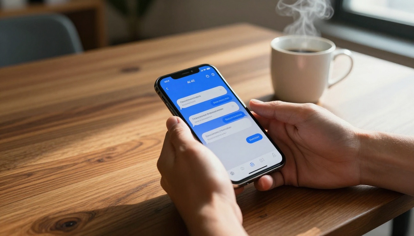 A man's hands holding a smartphone with a clean AI chat interface on a polished oak table, morning light casting natural directional shadows A man's hands holding a smartphone with a clean AI chat interface on a polished oak table, morning light casting natural directional shadows
