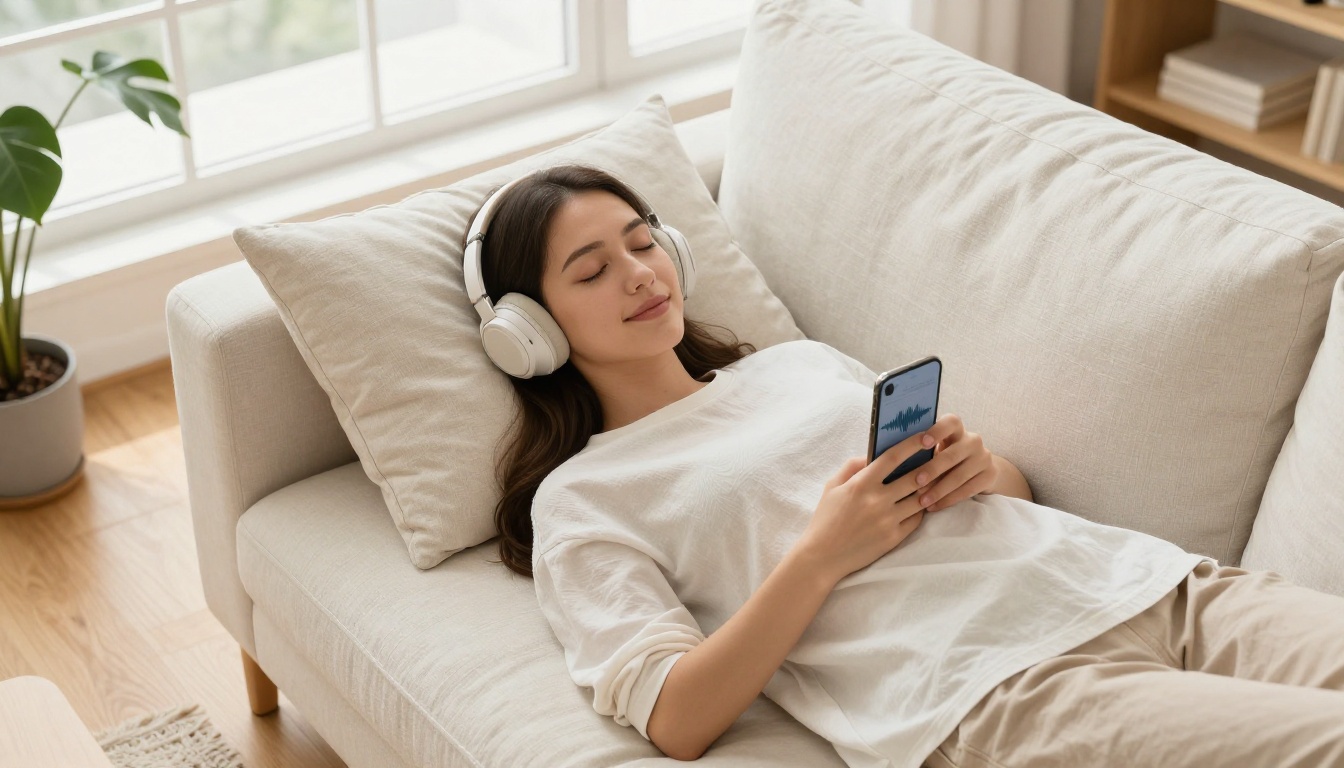 A young woman lying peacefully on a cream sofa wearing wireless headphones, smartphone resting on her chest with a voice waveform on screen A young woman lying peacefully on a cream sofa wearing wireless headphones, smartphone resting on her chest with a voice waveform on screen