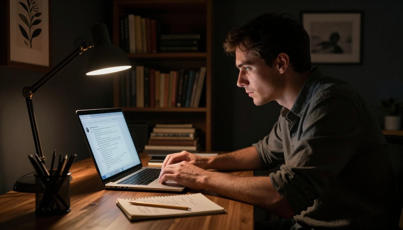 A man at a desk at night with warm lamp light illuminating his face from below, leaning toward a laptop showing an AI chat interface A man at a desk at night with warm lamp light illuminating his face from below, leaning toward a laptop showing an AI chat interface