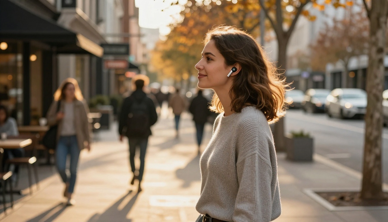 A young woman walking on a city street with wireless earbuds, autumn golden light, relaxed and smiling while talking to an AI voice assistant A young woman walking on a city street with wireless earbuds, autumn golden light, relaxed and smiling while talking to an AI voice assistant