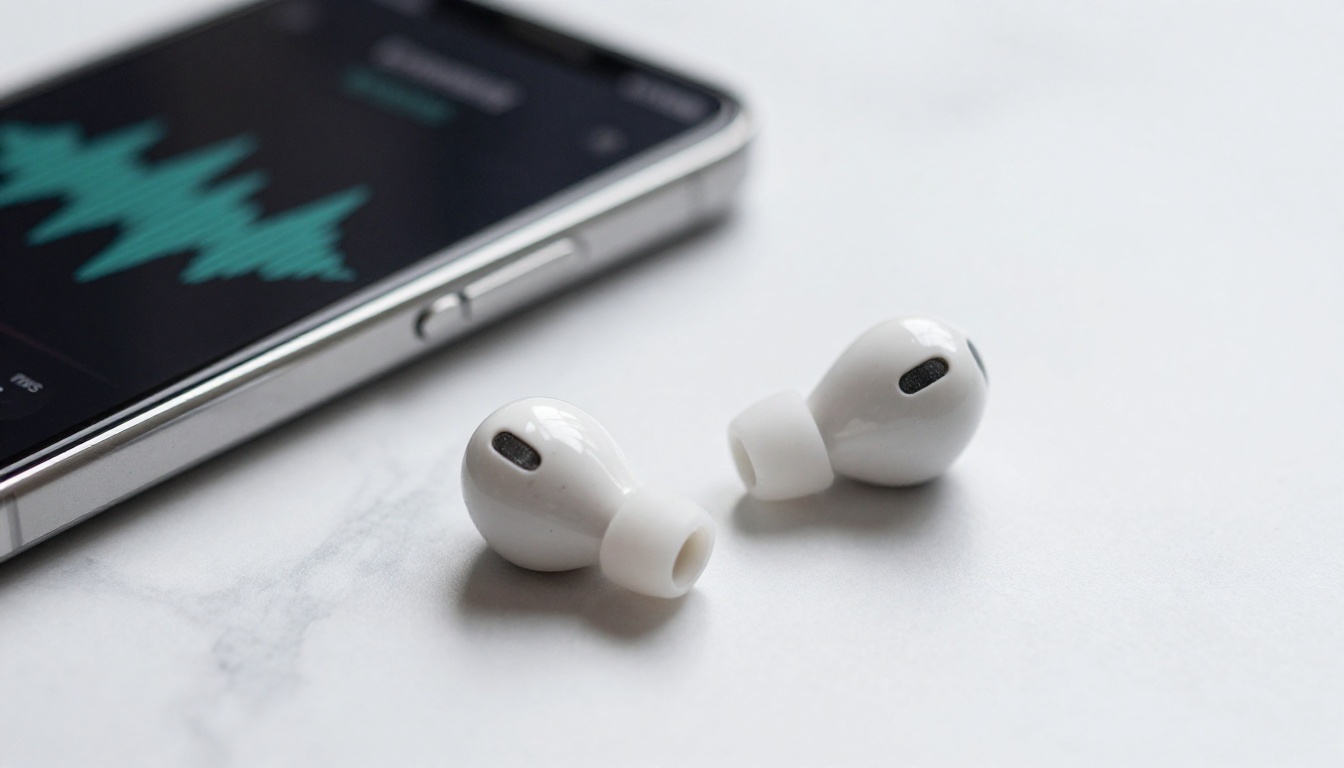 Premium wireless earbuds on smooth white marble beside a smartphone showing a voice waveform interface, studio lighting casting gentle shadows Premium wireless earbuds on smooth white marble beside a smartphone showing a voice waveform interface, studio lighting casting gentle shadows
