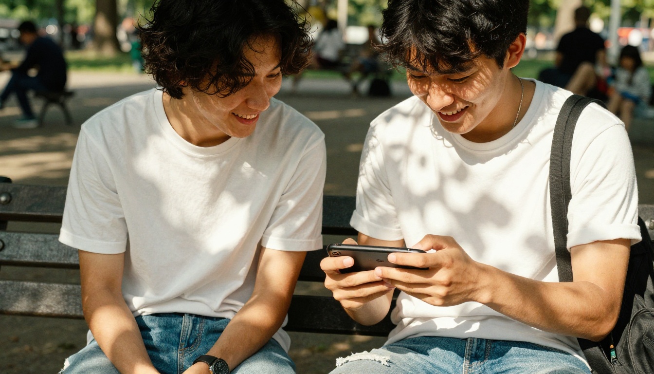 Two friends on a park bench sharing a smartphone showing an AI chat app, laughing together in warm afternoon dappled light Two friends on a park bench sharing a smartphone showing an AI chat app, laughing together in warm afternoon dappled light