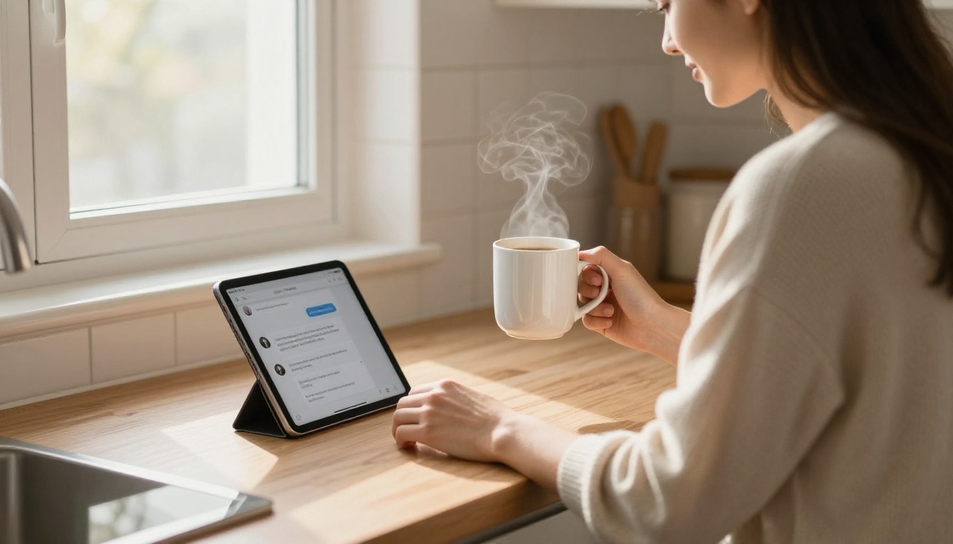A woman at a kitchen island in the morning holding a coffee mug, looking at a tablet with an AI chat interface, morning light filtering through the window with visible steam from the cup A woman at a kitchen island in the morning holding a coffee mug, looking at a tablet with an AI chat interface, morning light filtering through the window with visible steam from the cup