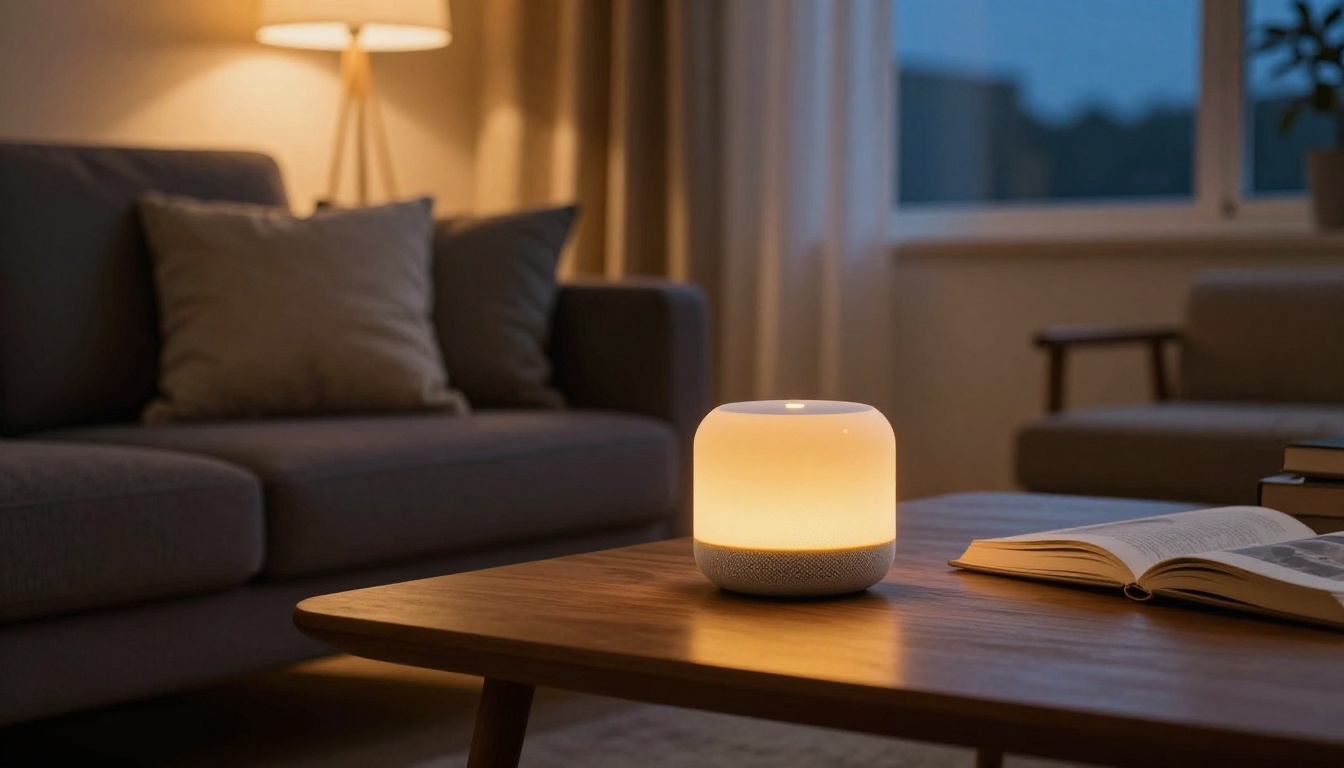 A cozy living room at dusk with a smart speaker on a wooden coffee table, warm amber lamp light pooling on the surface, blue hour sky visible through semi-sheer curtains A cozy living room at dusk with a smart speaker on a wooden coffee table, warm amber lamp light pooling on the surface, blue hour sky visible through semi-sheer curtains