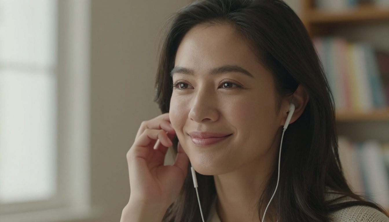 A woman with warm natural lighting and a subtle smile wearing wireless earbuds, appearing to respond to an AI voice companion with calm confidence A woman with warm natural lighting and a subtle smile wearing wireless earbuds, appearing to respond to an AI voice companion with calm confidence