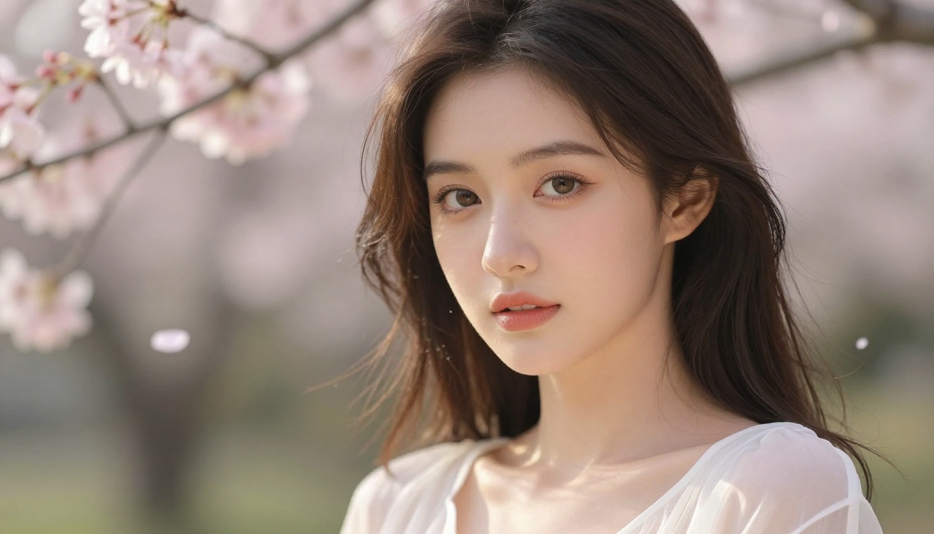Beautiful anime-inspired woman in a cherry blossom garden, photorealistic editorial portrait