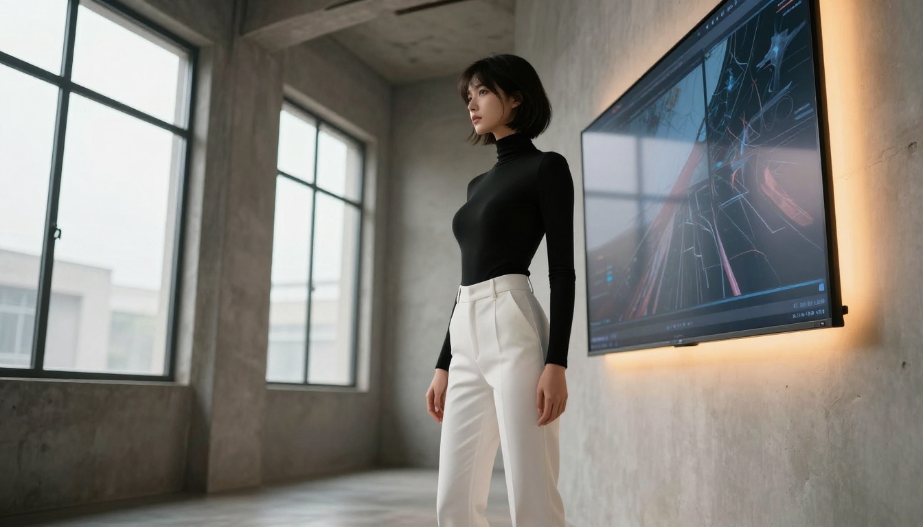 Anime-inspired woman in a minimalist art studio facing a digital display wall, photorealistic full body