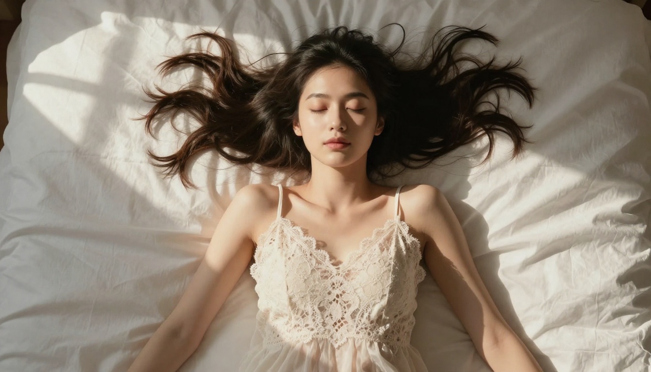 Aerial photorealistic portrait of an anime-inspired woman on white silk sheets, warm morning light