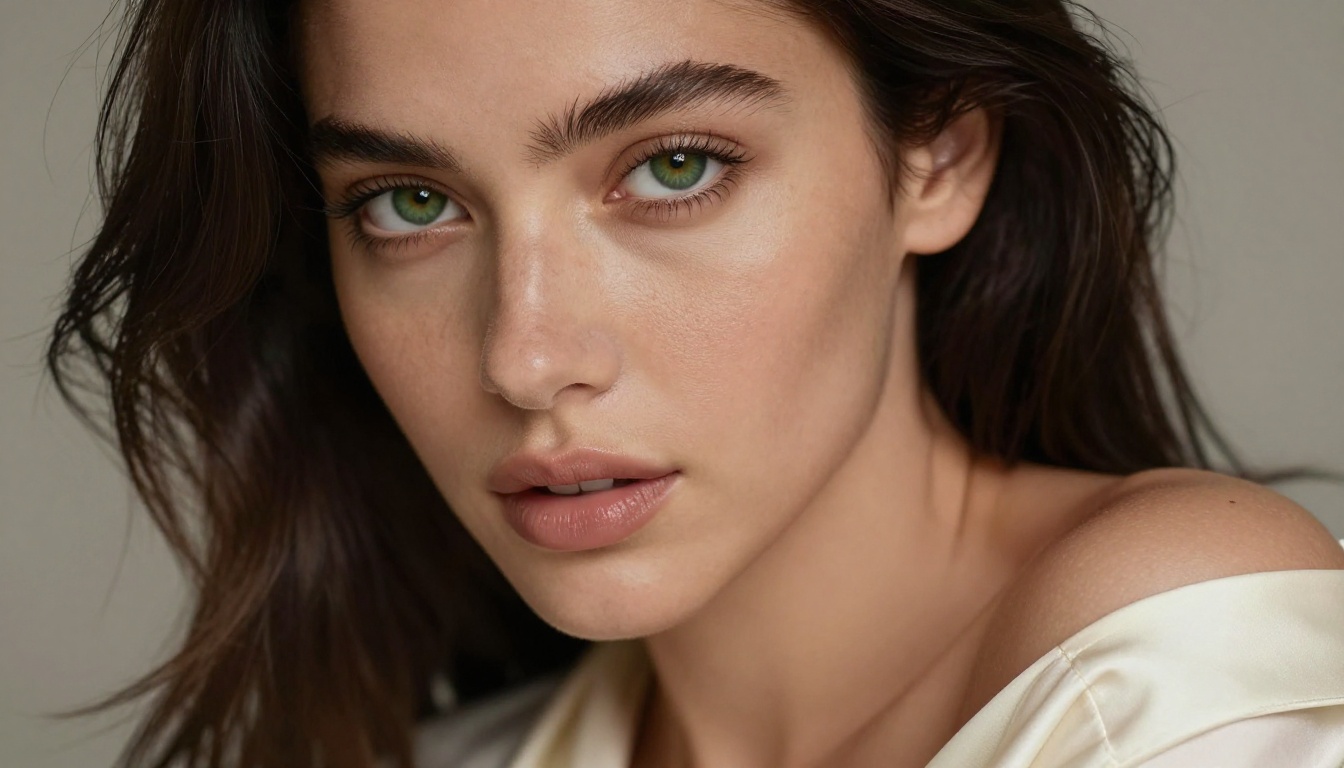 Extreme close-up beauty portrait, deep green eyes, cream silk off-shoulder, Rembrandt lighting