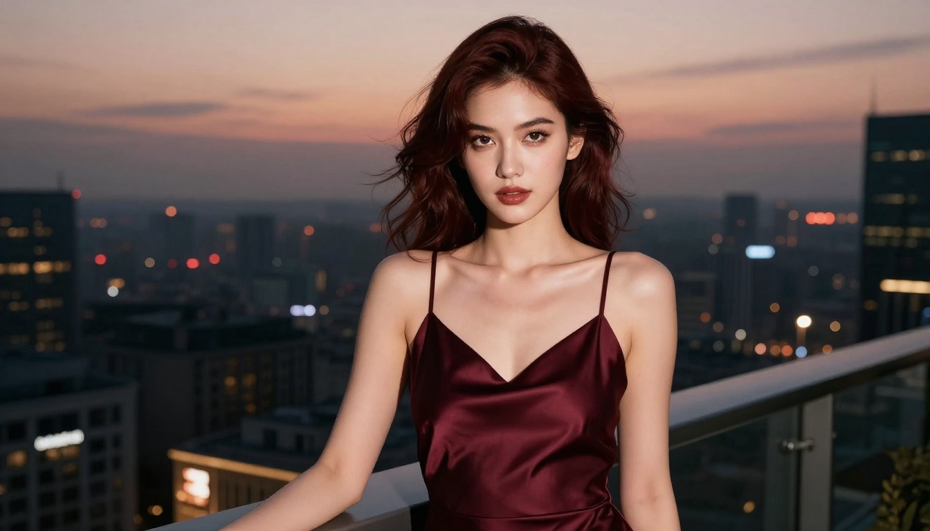 Anime-inspired woman in a deep burgundy satin dress on a hotel balcony at dusk, editorial glamour