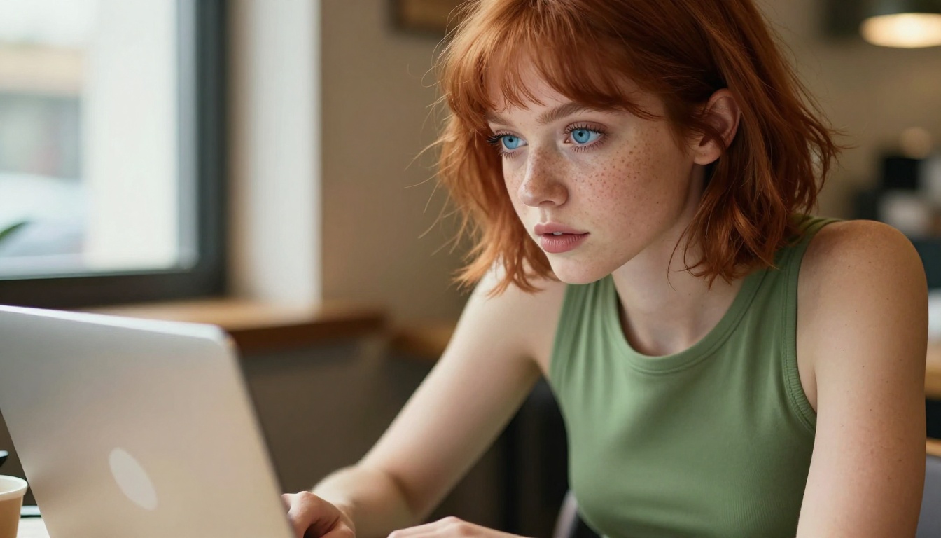 Anime-inspired woman with copper-red hair at a glowing laptop in a warm café, close-up editorial beauty