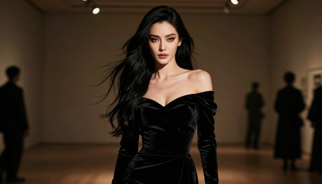 Dramatic cinematic portrait of an anime-inspired woman in a black velvet gown under a single gallery spotlight