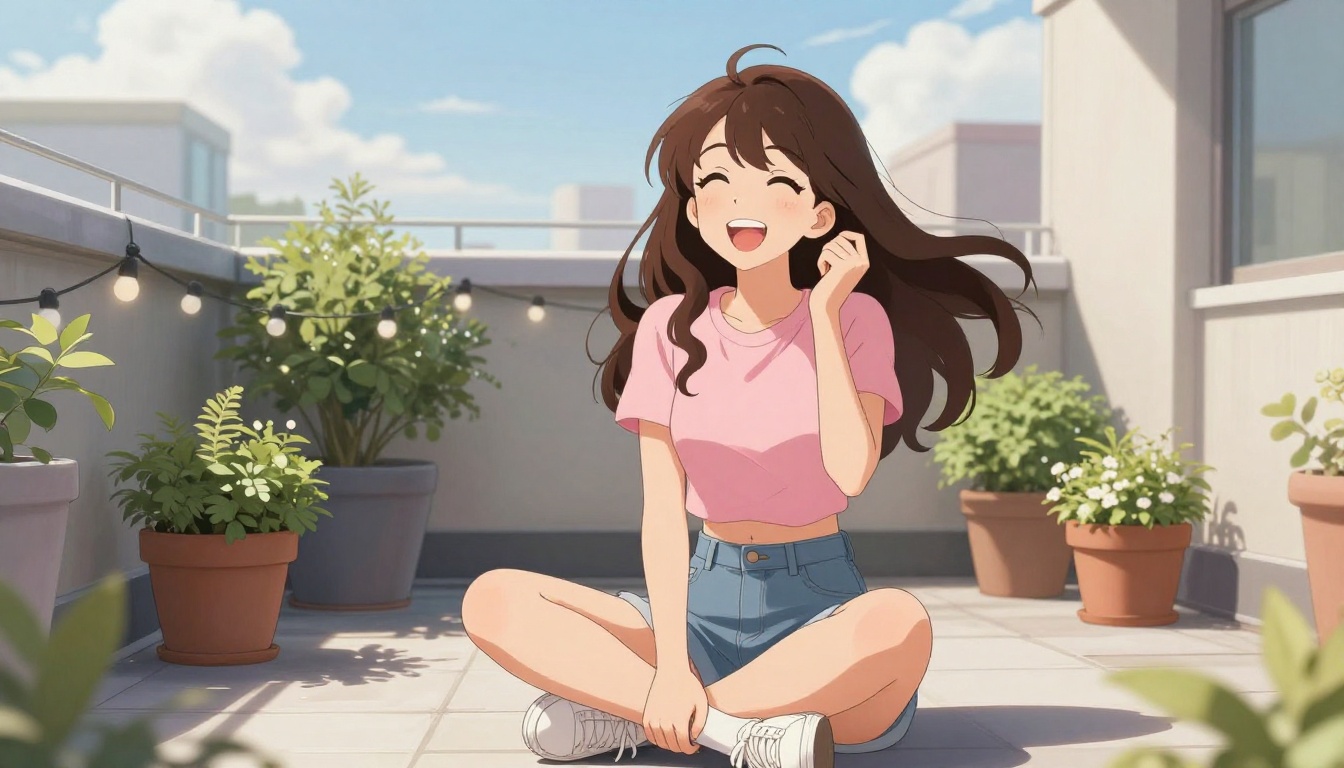 Playful anime-inspired woman on a rooftop terrace in denim shorts, laughing candidly, lifestyle photography