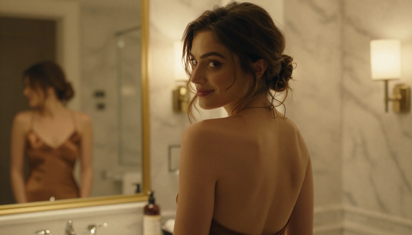 Over-the-shoulder POV, woman in low-back silk dress looking back over her shoulder, marble bathroom