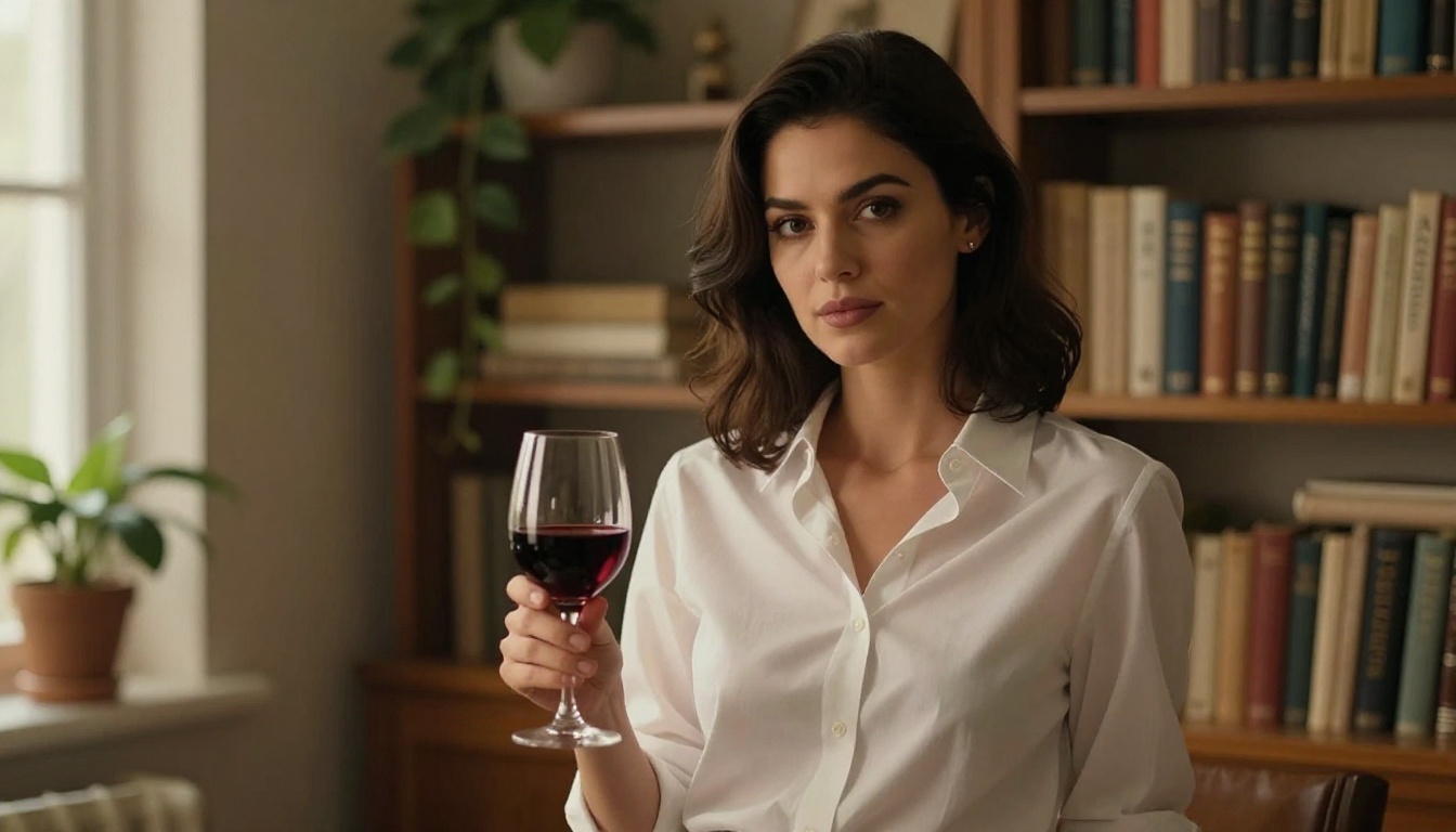 Sophisticated anime-inspired woman holding wine in a warm bookshelf study, photorealistic editorial portrait
