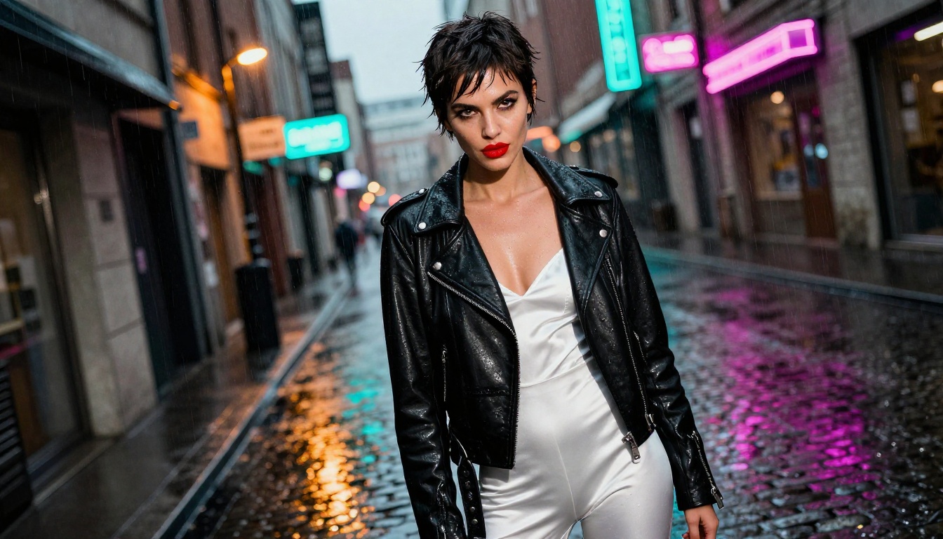 High angle street fashion editorial, woman with dark pixie cut in leather jacket, rain-soaked cobblestones