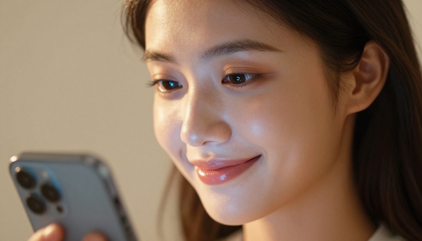 Close-up of woman smiling warmly at smartphone, golden hour light