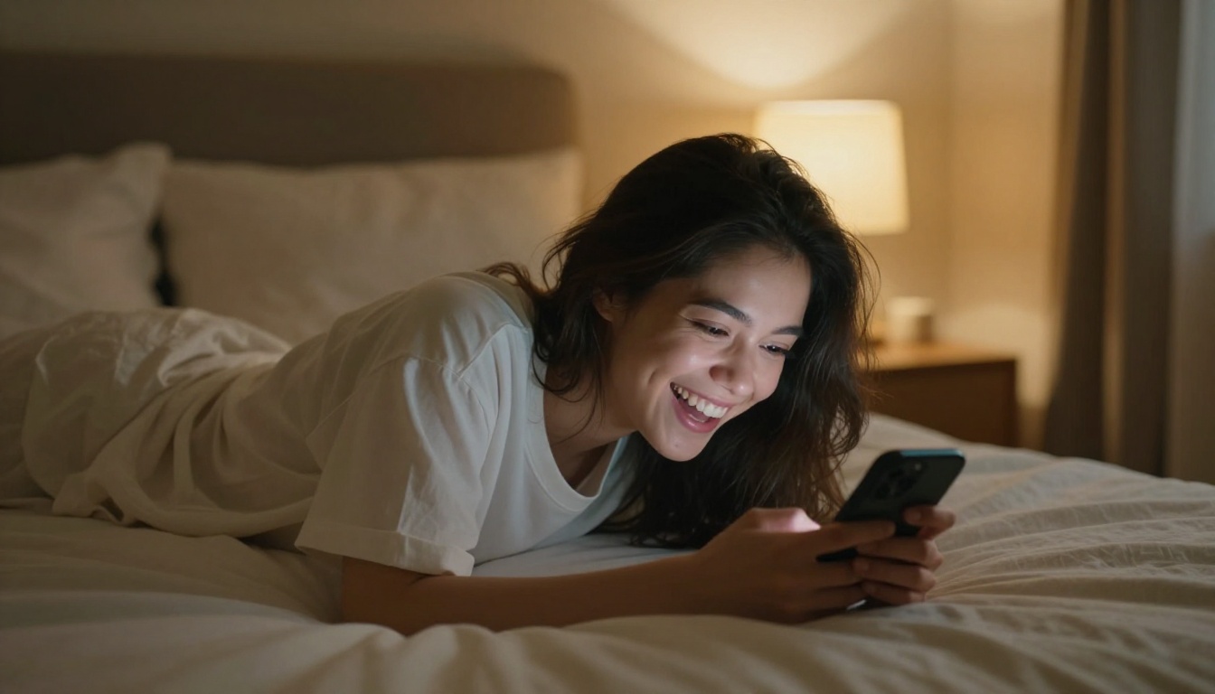 Woman laughing on bed with phone propped on mattress, warm amber light