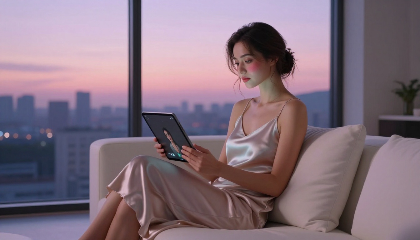 Elegant woman on sofa with tablet, dusk city light behind her