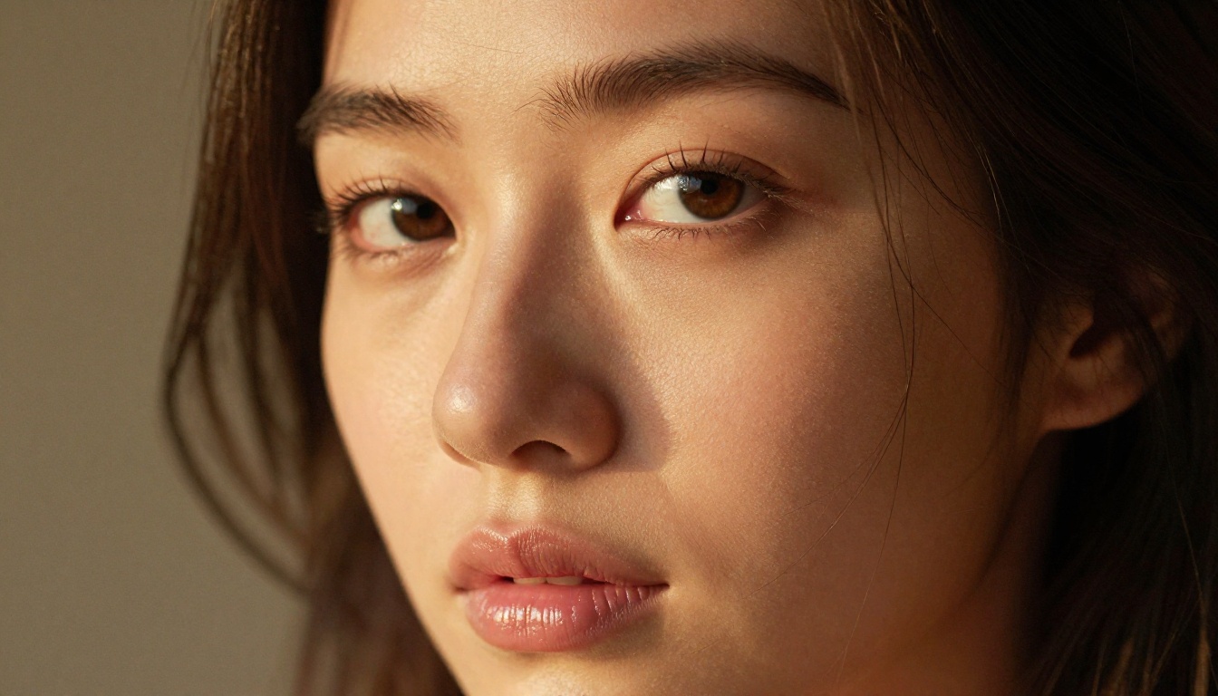 Close-up beauty portrait with hazel eyes and soft golden window light Close-up beauty portrait with hazel eyes and soft golden window light