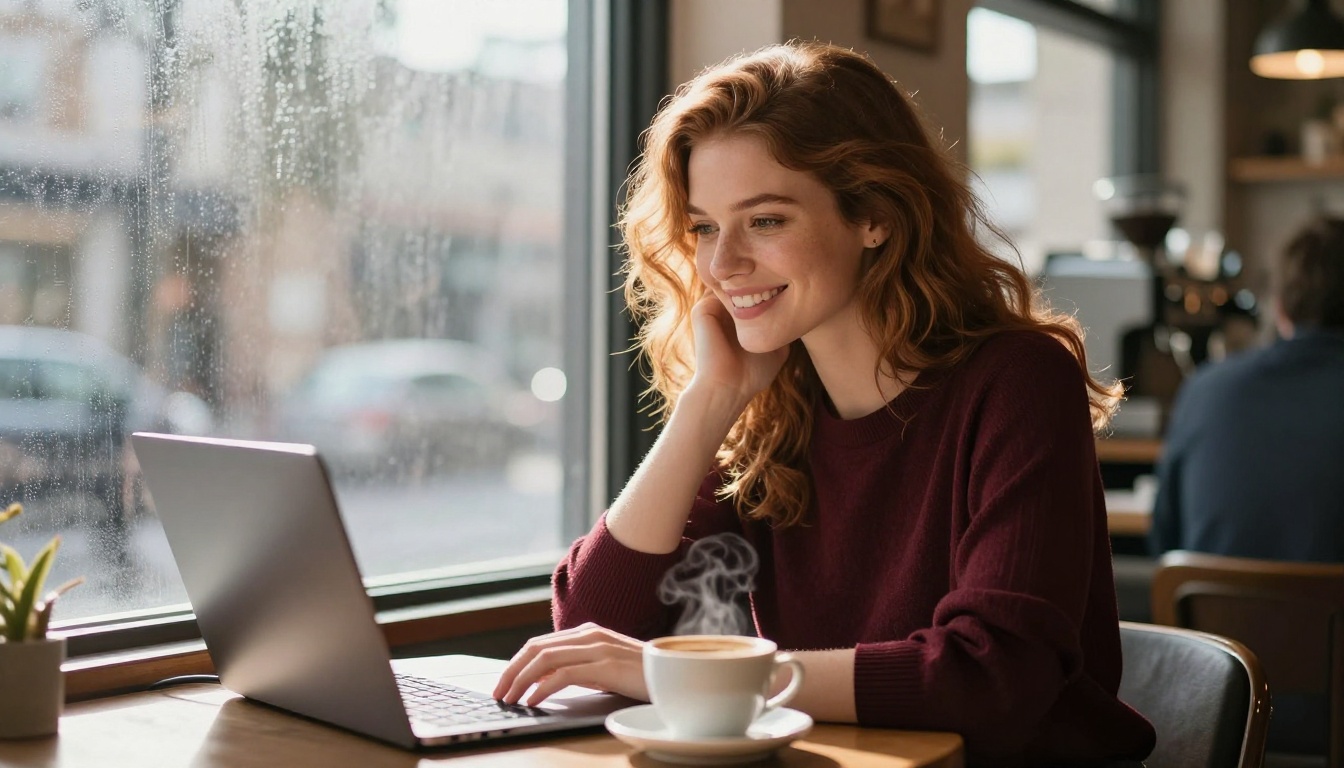 Woman at cafe with open laptop, morning sunlight through window
