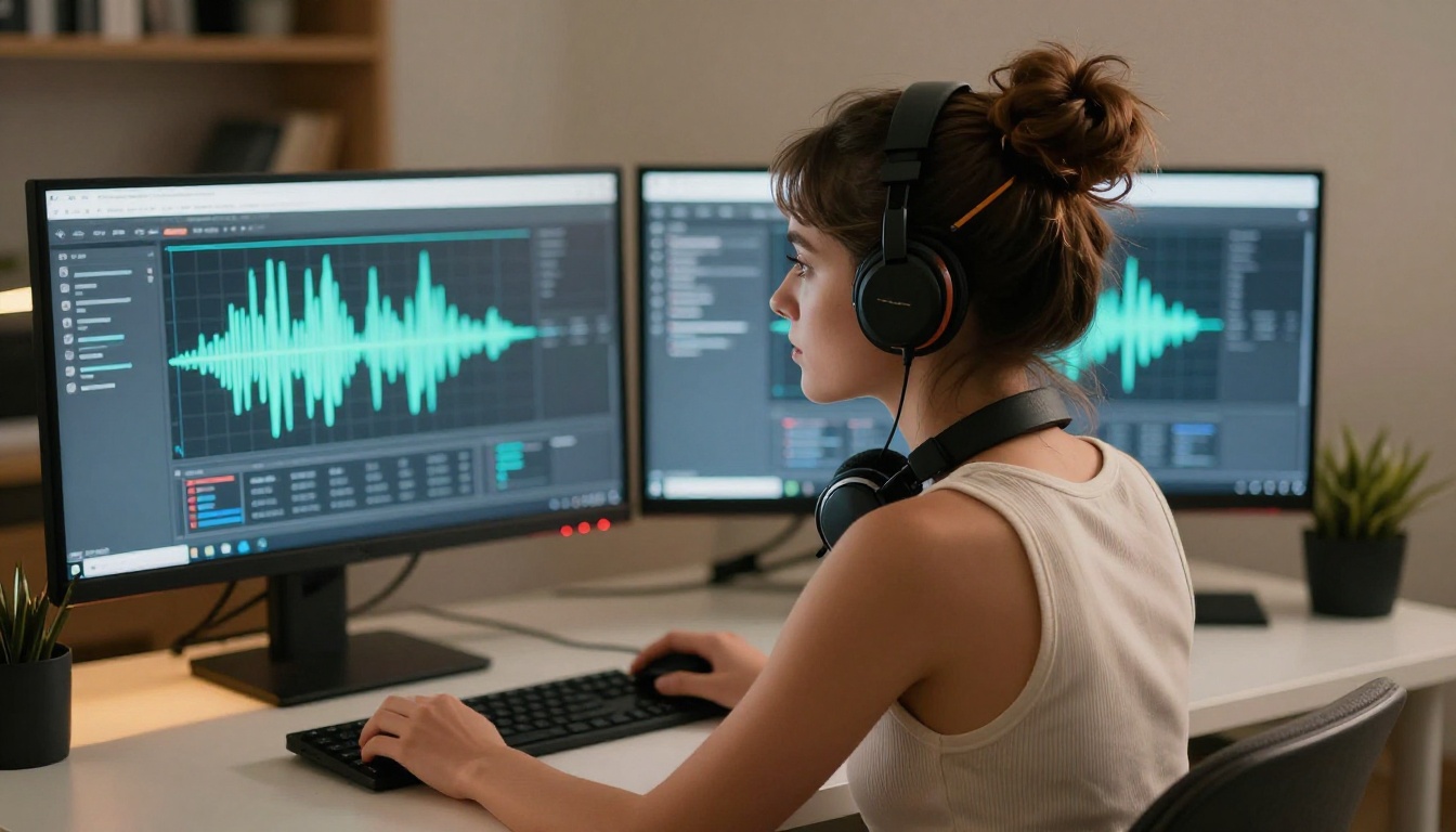 Woman at dual-monitor desk, side profile with warm lamp light