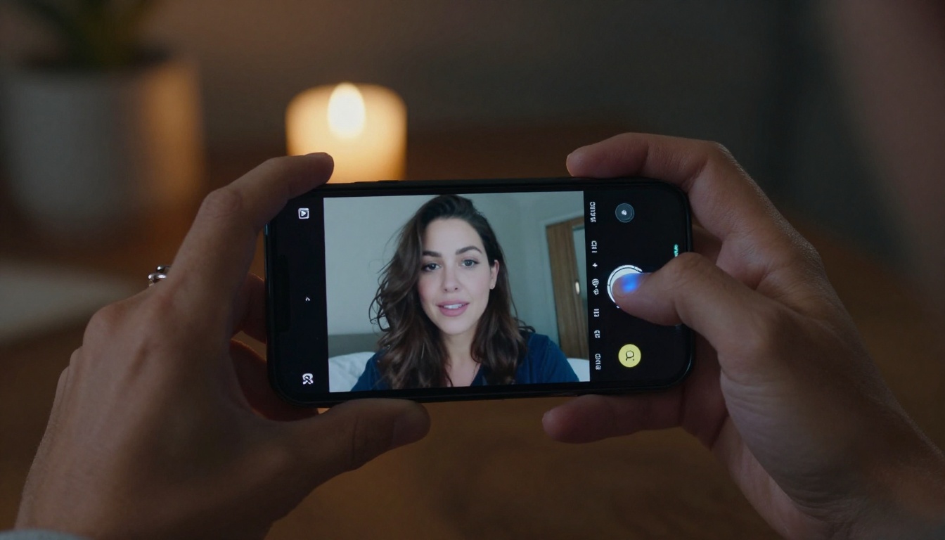 Intimate close-up of hands holding glowing phone, candle bokeh behind