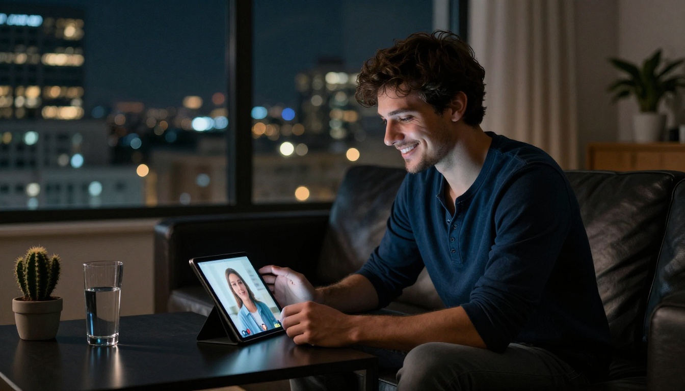 Man on dark leather couch with tablet at night, city lights behind