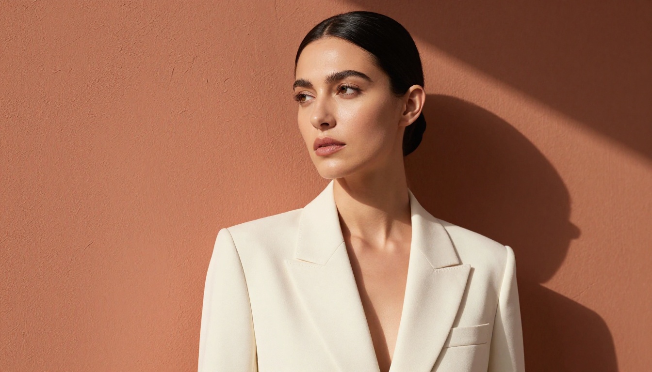 High-fashion editorial portrait with ivory blazer against terracotta wall texture High-fashion editorial portrait with ivory blazer against terracotta wall texture