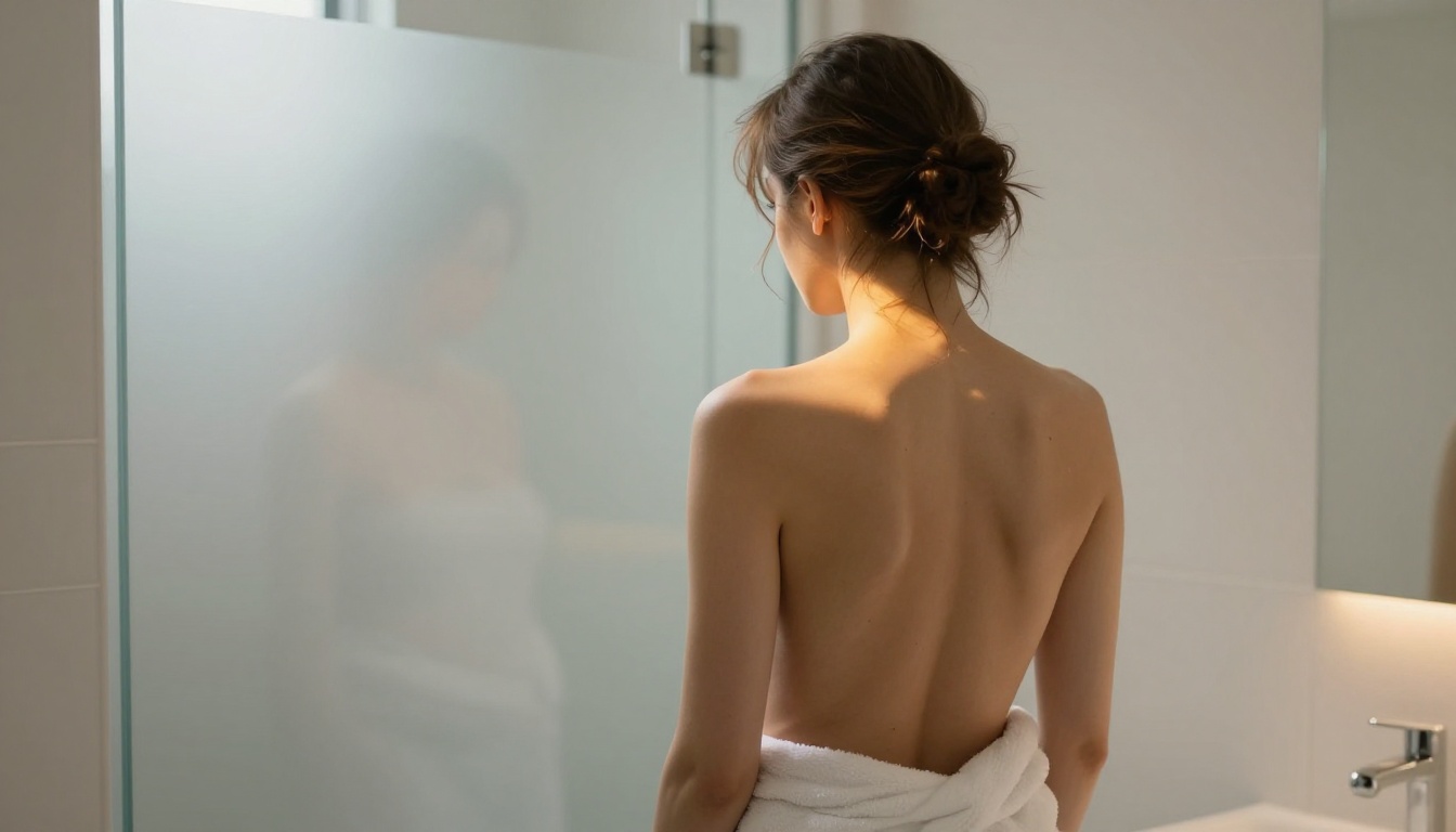 Artistic back-turned portrait with warm golden top-light in minimal white bathroom Artistic back-turned portrait with warm golden top-light in minimal white bathroom