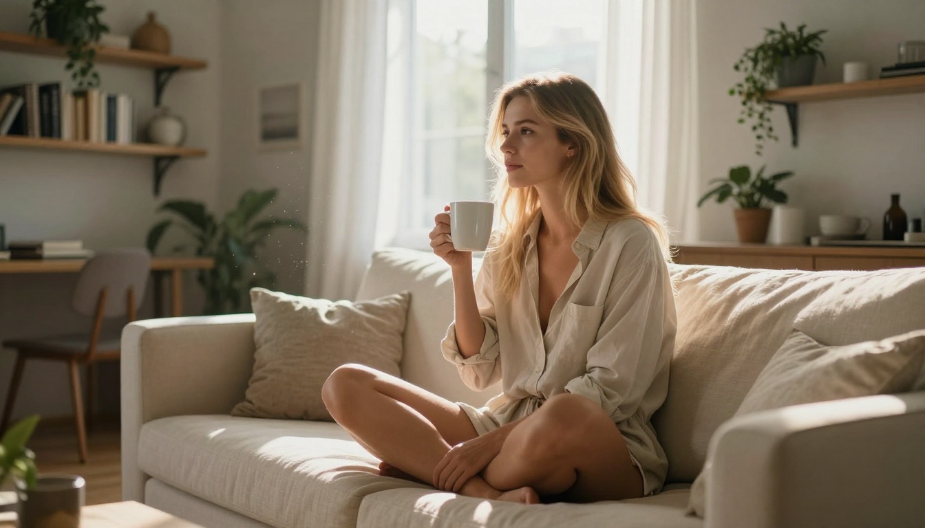 Woman in modern apartment morning sunlight