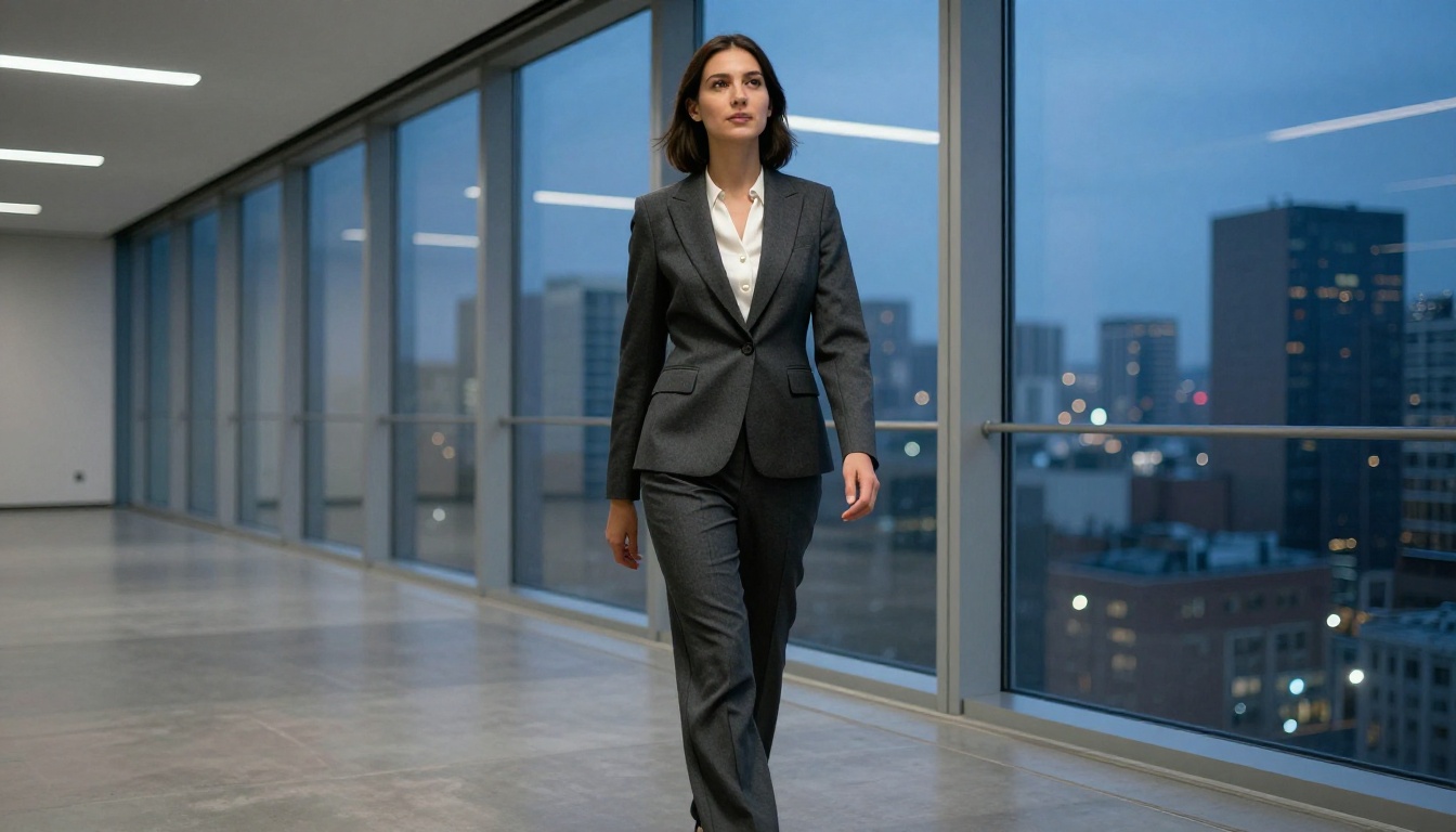 Confident businesswoman in tailored charcoal blazer and wide-leg trousers, glass office corridor, city skyline at blue hour