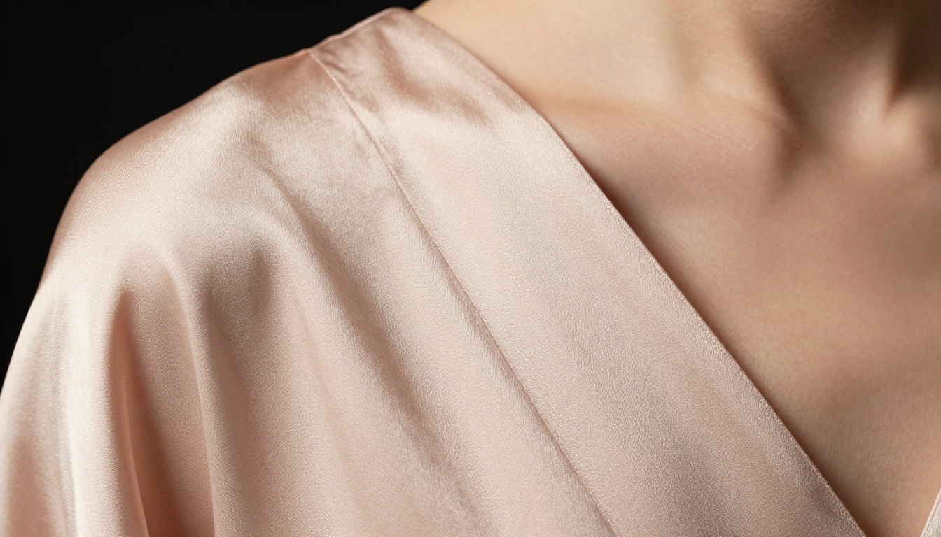 Extreme close-up macro of champagne satin draped over a woman's shoulder, showing thread weave and light sheen gradient