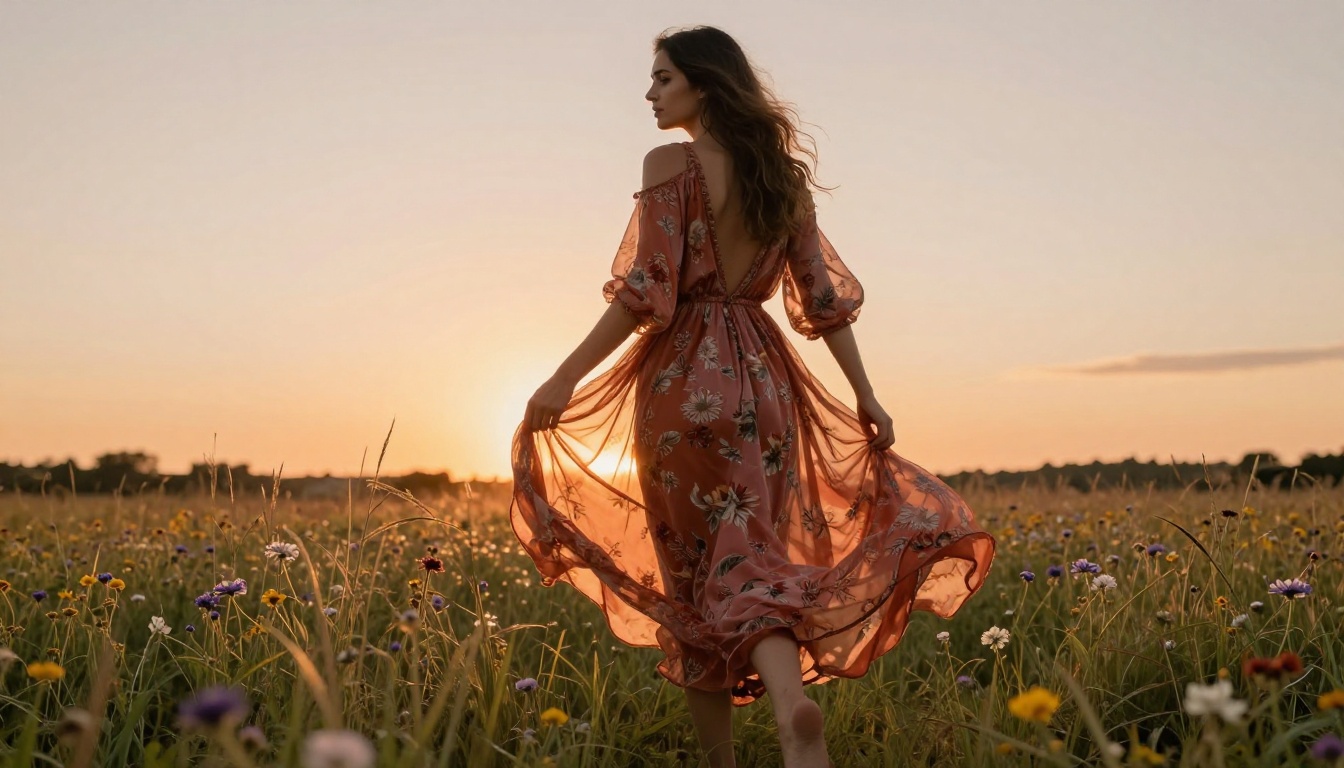 Beautiful woman in bohemian maxi dress, terracotta and dusty rose floral print, walking through wildflower meadow at golden hour