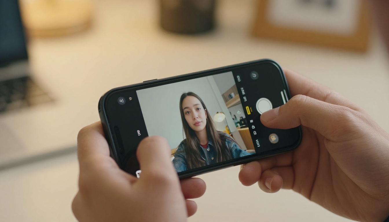 Hands holding smartphone showing photo animation interface