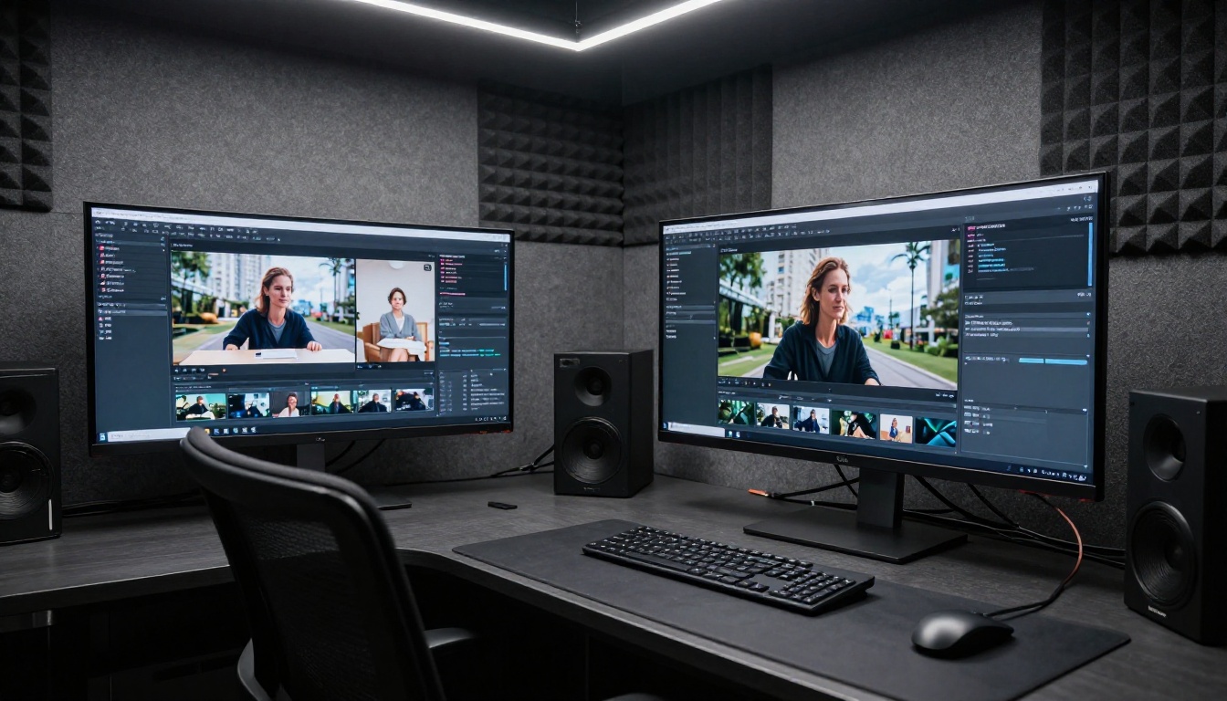 AI video generation workspace with dual monitors