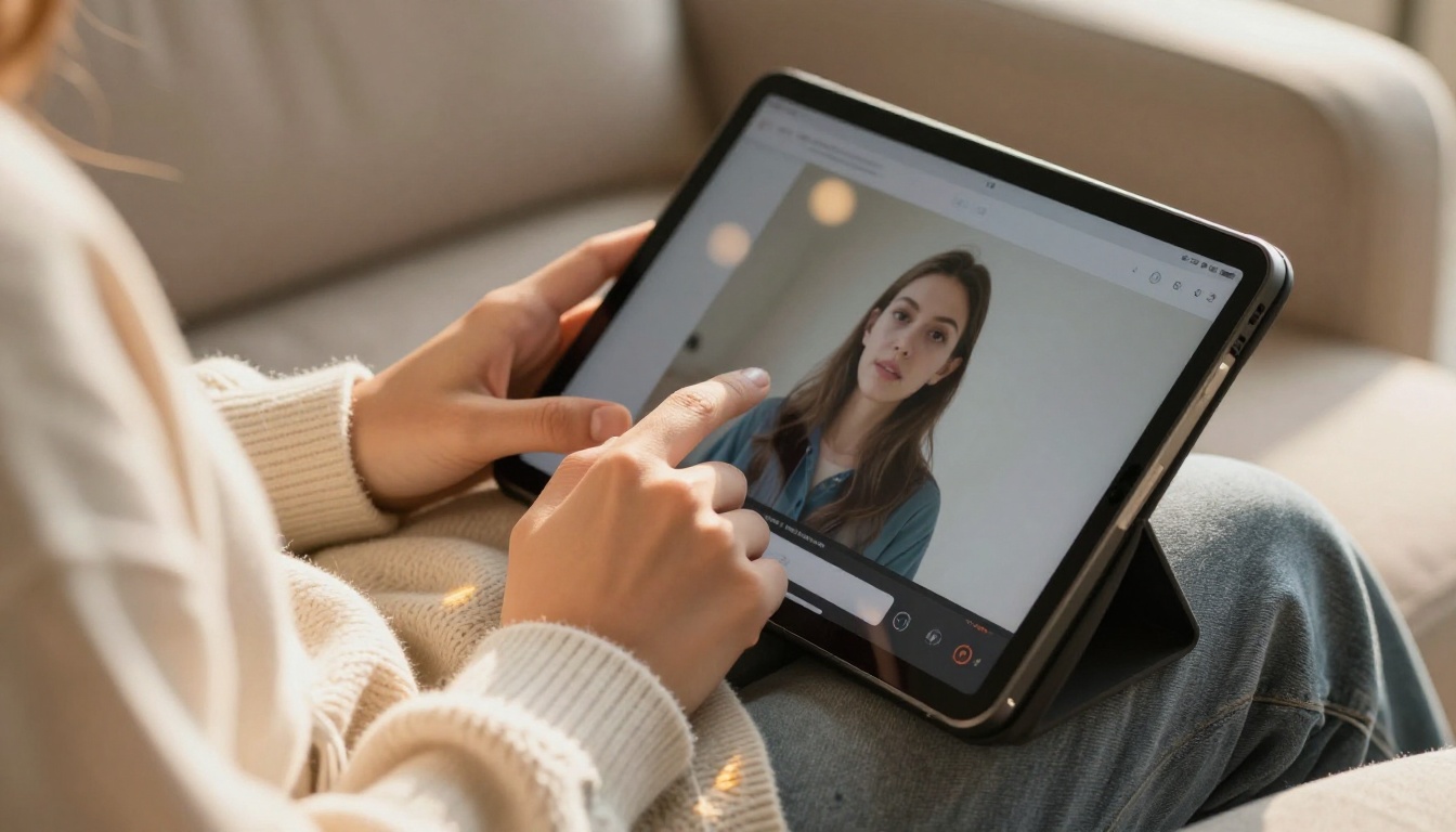 Woman using tablet to watch AI animated portrait video