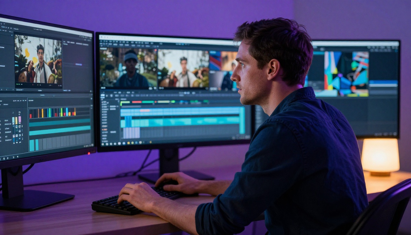Professional video editor reviewing animated portrait clips on multi-monitor setup