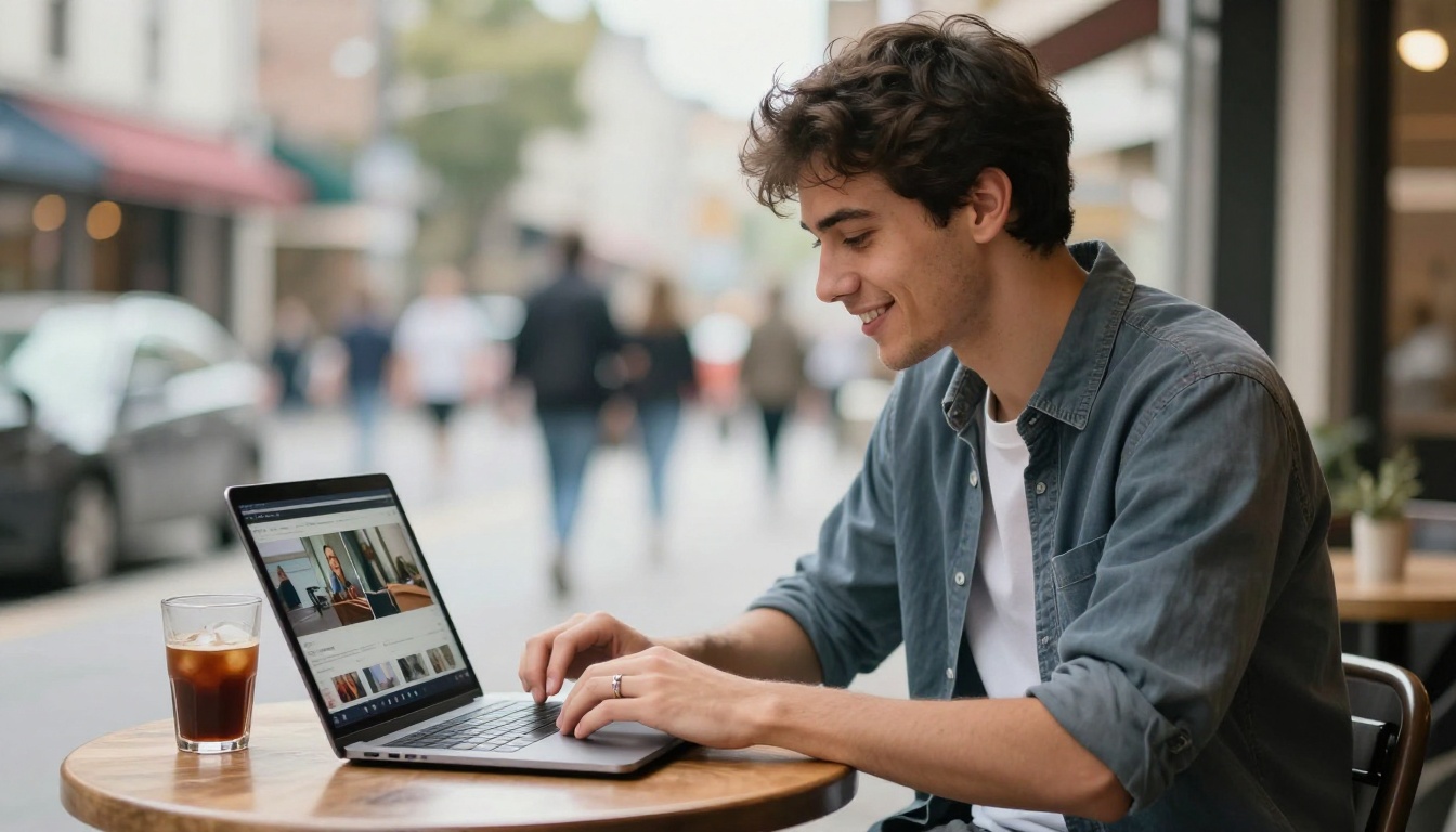 Man at outdoor cafe sharing AI animated video from his laptop
