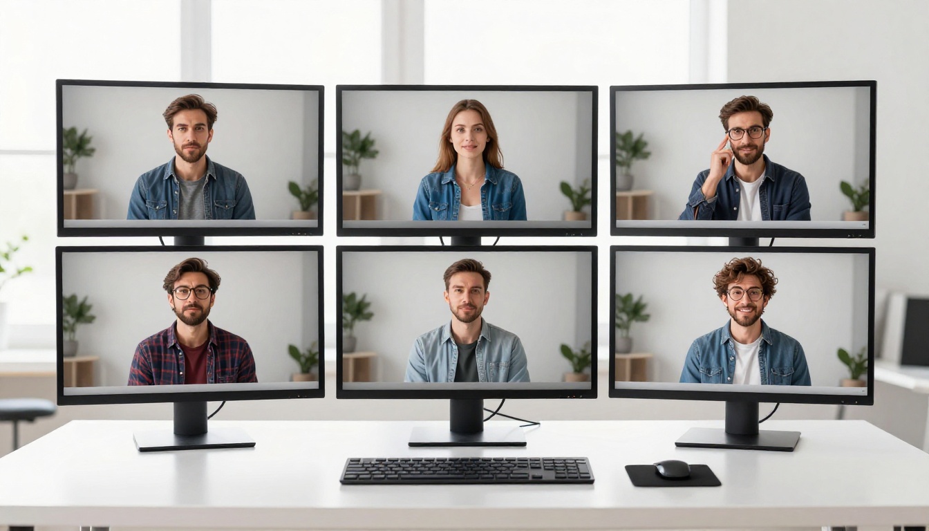 Monitor showing comparison grid of portrait photos and their animated video versions