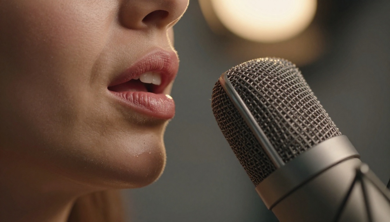 Close-up of woman's lips near studio microphone in warm amber light