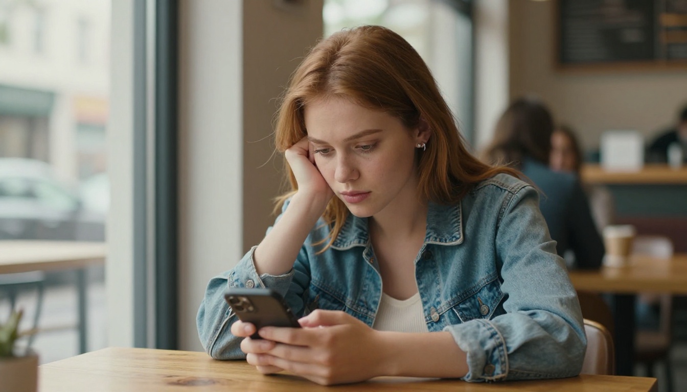Young woman alone at a café table, phone face-down, quiet contemplation in soft overcast window light Young woman alone at a café table, phone face-down, quiet contemplation in soft overcast window light